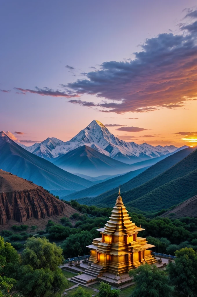 There should be a temple of Lord Shiva. The Chulak time should be very high. There should be a mountain behind the temple which is several times higher than the temple but the setting sun should be visible from its side. It should be in the evening.