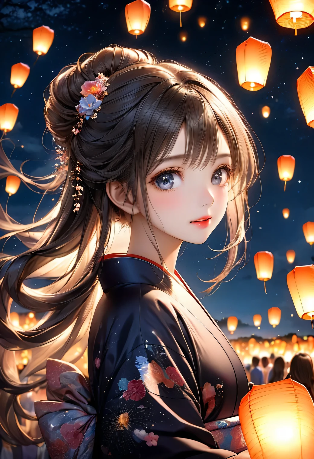 beautiful cute girl looking up at the night sky, flowing yukata, updo, sky-lantern festival, Sky-lanterns, a fantastic sight where countless sky-lanterns decorate the night sky, dark moody atmosphere, (highest quality,16k,highres,masterpiece:1.2),ultra-detailed,(ultra-realistic,photorealistic,photo-realistic:1.37),night sky, dark tones, floating sky-lanterns, soft lighting, serene, atmospheric, whimsical, dreamlike, magical realism, long flowing hair, through bangs, Beautiful attention to detail, Beautiful lip detail, Highly detailed face, detailed facial features, long lashes, shining eyes, nijistyle,cute girl,woman