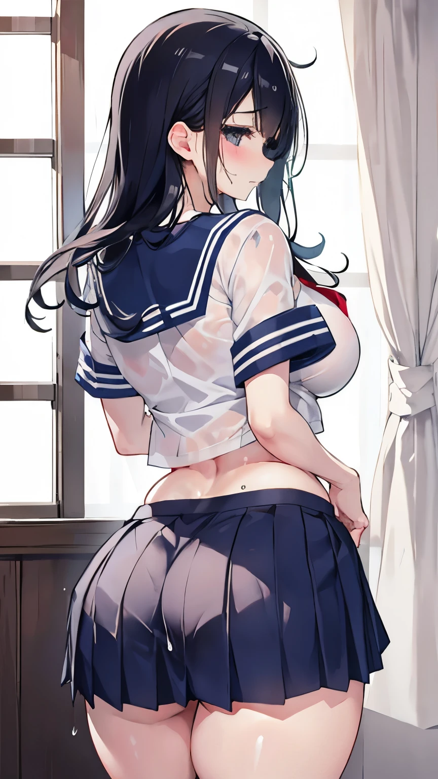 high school girl、beautiful girl、Black Hair、Big breasted body type、Big Hips、Wet white panties、From behind、Sailor-style 、Roll up your navy blue pleated skirt、Flushed Cheeks、Moist eyes、Shy expression、The veranda on a rainy day、Erotic atmosphere、Immoral scene、Sensual scene、Wet Hair、Wet Skin、Wet clothes、