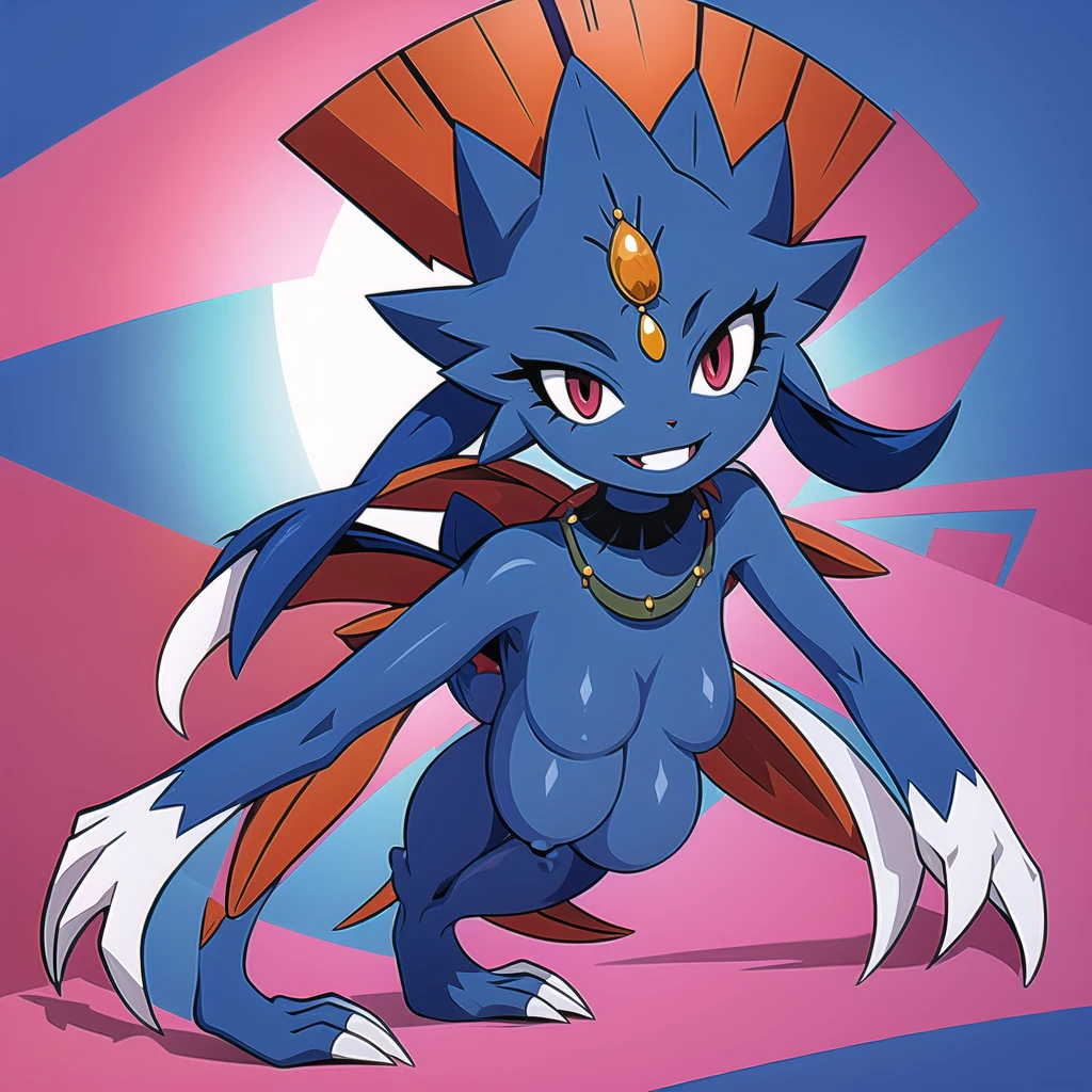 Weavile, bluish fur, orange gem, red eyes, smiling, cute, sexy, full body