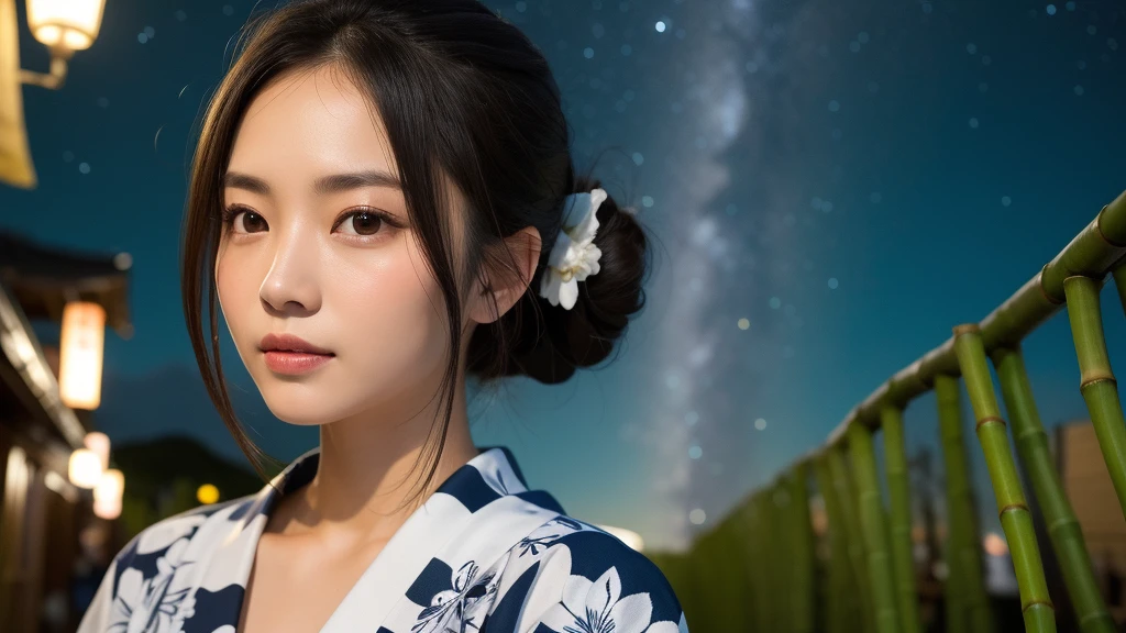 (1women), bun hair, (round eyes:1.2), (highly detailed face), (extremely detailed beautiful face), (floral pattern yukata), (Best Quality:1.4), (Ultra-detailed), extremely detailed CG unified 8k wallpaper, Realistic portrait, Beautiful detailed, High-definition raw color photos, professional photography, night sky, tanzaku, a bamboo thicket, (Japan's Tanabata, Tanabata night), tanzaku, beautiful milky way, bamboo, scenery, plant, (fine face:1.2), focus on women