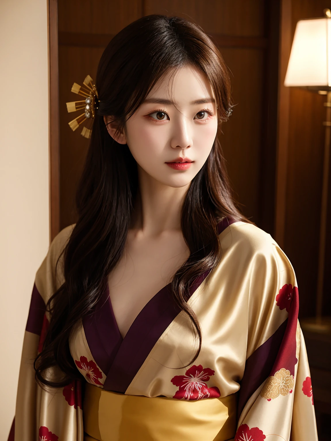 Create a captivating close-up portrait of a Japanese woman exuding elegance and allure. She has long, silky black hair cascading down her shoulders, adorned with subtle yet sophisticated accessories. Her complexion is smooth and fair, with makeup that accentuates her striking features. She is dressed in a modern, form-fitting kimono with a deep neckline and intricate floral patterns in shades of red and gold, blending traditional beauty with a touch of modern sensuality. The background features a dimly lit, luxurious room with soft, ambient lighting, enhancing the overall atmosphere of mystery and sophistication.