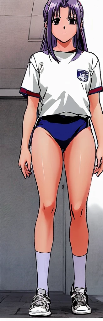 Momoko Koigakubo, a tall girl with beautiful legs, is standing with her legs spread to the sides in a white gym uniform and light navy blue bloomers that look like .。This is the angle looking up from below。