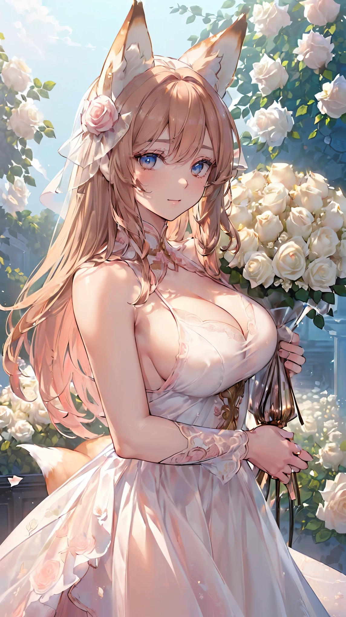 (((Masterpiece))), (((Highest quality))), ((Ultra-detailed)), ((Super fine illustration)), ((Ultra-fine painting)), (16K highest quality wallpaper:1.4), (Upper body:1.4), (Highly detailed and delicate illustration style:1.8), Detailed skin texture, Detailed cloth texture, Detailed rose flower texture, Extreme detailed description, (T-masterpiece), (Highly detailed face:1.4), (Highly detailed fox ears:1.2), (Highly detailed golden brown hair:1.2), (Highly detailed, beautiful and clear eyes:1.2), Original, RAW photo, Professional, Intricate details, Super details, (Perfect anatomy:1.4), (Highly detailed hands:1.2), (Highly detailed fingers:1.2), (Highly detailed fingertips:1.2), (27-years-old), (Solo:1.6), ((A very beautiful and attractive fox female fashion model:1.4))
BRAKE
(Beautiful and adorable fox ears:1.6), (Highly detailed and delicate fox ears:1.4), (Beautiful and well-shaped big breasts:1.2), (Beautiful and well-shaped buttocks), (Beautiful and shiny golden brown hair:1.6), (Highly detailed and delicate golden brown hair:1.4), (Beautiful clear blue eyes that shine with great detail:1.6), (Highly detailed and delicate blue eyes:1.2), (Highly detailed face:1.4), (Smile:1.4), (Looking at viewer:1.4), (Standing:1.4), (Celebration:1.4)
BRAKE
((A beautiful and gorgeous plunking neckline princess dress that is detailed and delicate to be worn at celebratory occasions:1.4))
BRAKE
((Holding in both hands a large bouquet of highly detailed and delicate ((white and pink roses)):1.4))
BRAKE
(Just after noon:1.4), (Celebration:1.4), ((Highly detailed and delicate white rose flower and pink rose flower garden background:1.4)), (Highly detailed and delicate royal palace courtyard background in just after noon:1.4) BRAKE