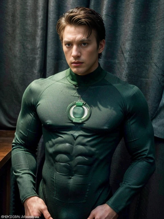 A hansome man in style,(in English: Green Lantern) is a DC Comics superhero. Created by Martin Nodell and Bill Finger, the original Green Lantern was recast as a new superhero with the same name in the 1960s, the original character became known by the name his parents called Alan Scott and for a time adopted the identity from Sentinela (Brazil). The current Green Lantern, founding member of the Justice League of America. This time, he helped cement the new Green Lantern as a popular hero, with a more cosmic theme. lined lips, green bodysuit, covered navel,  muscular, tight skin, All green uniform, muscular man, green bodysuit, yellow bodysuit, Looking at the Viewer,  (realism: 1.5), (Realisitc: 1.4), (Absurdity: 1.4), 8k, ultra-detailed, Detailed handsome man, (Only one:1.4), 1girl, (Viewer facing:1.2),