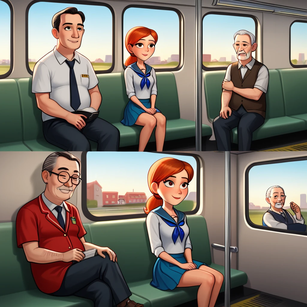 Create 3D Pixar-style cartoon scenes,,Wearing a sailor uniform,The girl in front of me,Sitting and sleeping on a train,The girl is sitting opposite me.,The seats on the train are long enough for four people to sit.,The girl is sitting on the edge and the businessman is sitting next to her.,An old man with a cane is sitting at the edge of the girl&#39;s game, leaving one seat empty.