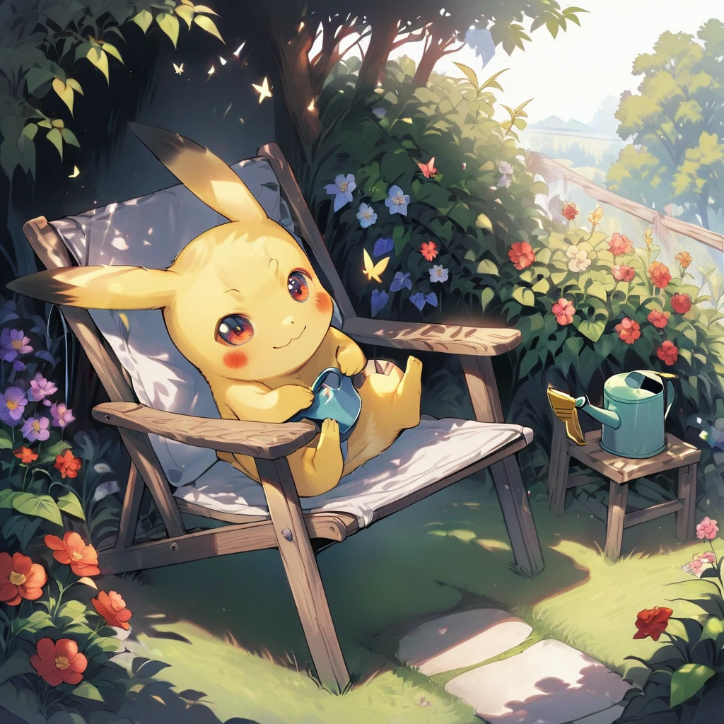 ((Light Contrast: 1.4)), BREAK {Draw a delightful illustration of Pikachu relaxing in a garden chair. Pikachu should be surrounded by blooming flowers and greenery, sitting comfortably with a smile. Include details like a watering can, garden tools, and butterflies flying around. The overall vibe should be fresh and lively}