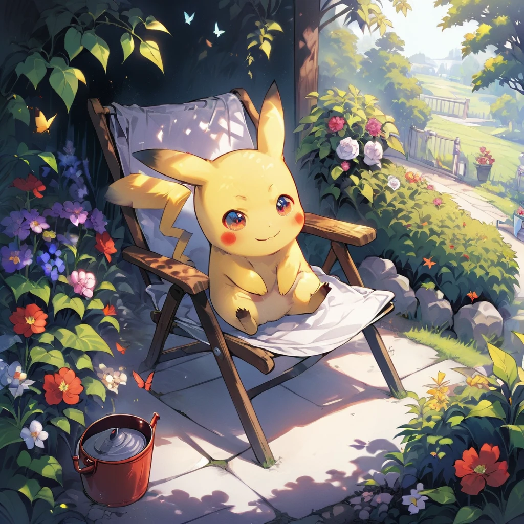 ((Light Contrast: 1.4)), BREAK {Draw a delightful illustration of Pikachu relaxing in a garden chair. Pikachu should be surrounded by blooming flowers and greenery, sitting comfortably with a smile. Include details like a watering can, garden tools, and butterflies flying around. The overall vibe should be fresh and lively}