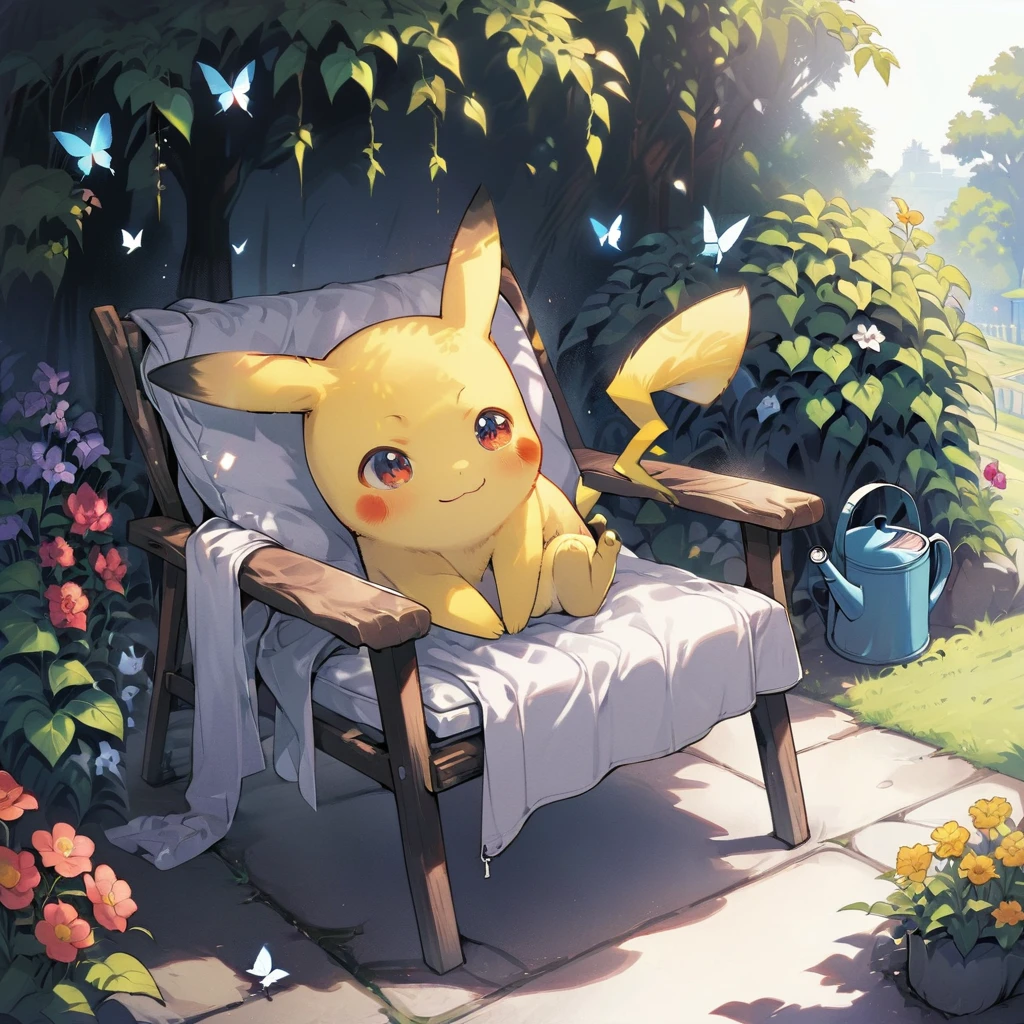 ((Light Contrast: 1.4)), BREAK {Draw a delightful illustration of Pikachu relaxing in a garden chair. Pikachu should be surrounded by blooming flowers and greenery, sitting comfortably with a smile. Include details like a watering can, garden tools, and butterflies flying around. The overall vibe should be fresh and lively}