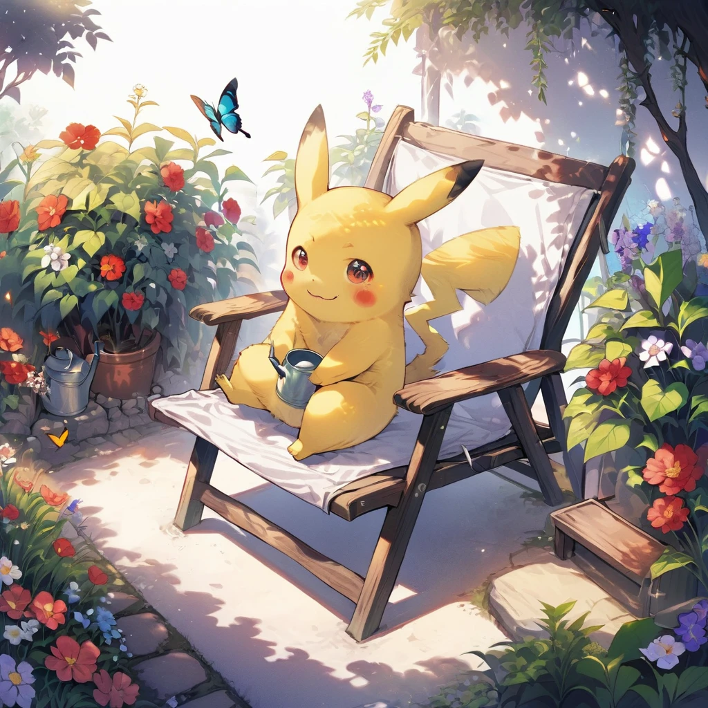 ((Light Contrast: 1.4)), BREAK {Draw a delightful illustration of Pikachu relaxing in a garden chair. Pikachu should be surrounded by blooming flowers and greenery, sitting comfortably with a smile. Include details like a watering can, garden tools, and butterflies flying around. The overall vibe should be fresh and lively}