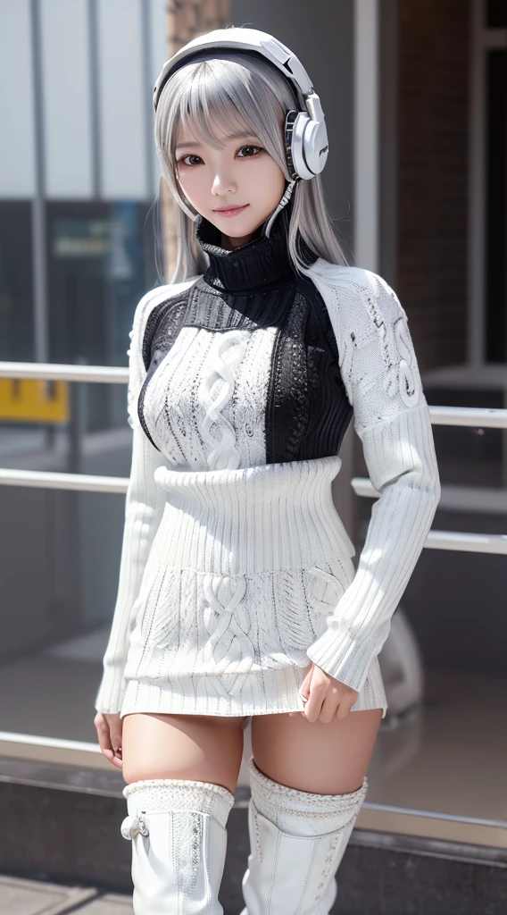 smile、((8K)), ((32k)), ((Highest quality)), ((masterpiece)), ((超A high resolution)), ((Tmasterpiece)), ((Halation:1.4))、((White mechanical headgear:1.3))、((White mecha cyber headphones:1.3))、Fine skin, High quality fabric, ((Beautiful and dense face))、RAW Photos、Professional, Ultra-fine painting, ((alone)), Beautiful breasts、Highest quality, Very detailed, Very detailed詳細, Finer details, so beautiful, Full body description、on a futuristic street、White thigh-high boots、(Woman wearing a black leather miniskirt:1.8)、(Wearing a white knitted turtleneck sweater:1.8)、 take a walk、Beautiful legs、(Machine Eyes:1.3)、drooping eyes: 1.3,, (In 8K) , masterpiece, (No retouching, Lip gloss, False eyelashes, Real Skin, Highest quality, 超A high resolution, Depth of written boundary, chromatic aberration, Caustics, Wide Lighting, Natural Shading))、Korean Idol、Asian woman smiling at camera,、Young and cute gravure idol, Young and skinny gravure idol, Realistic Young Gravure Idol, Young Gravure Idol, Japanese Model, Shot with Canon EOA 6D Mark II, Shot with Canon EOS 5D Mark IV, Young Gravure Idol、(White thigh-high boots:1.5)、(Long silver hair:1.1), cowboy_shot, Side Focus, Shiny、Concept Art, Anime fantasy artwork, (((Long silver hair))), 8K high quality, detailed art, In 8Kのキャラクターアートの3Dレンダリング, neat legs, Defined, Defined fingers,