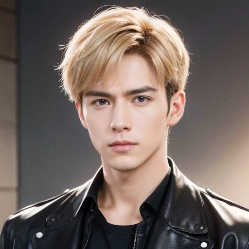 at office，wearing black leather coat，two block haircut, Attractive man，Live-action photo，Handsome and sunny，（SLR effect，Reality，8K，Hyper-detailing，Absolute realism）