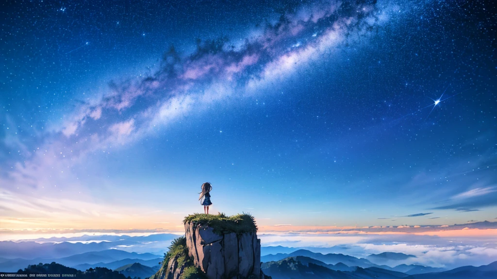 absurdity, high resolution, (official art, beautiful and aesthetic: 1.2), close view, sparkling sky, vast world,((1 cute girl)), staring, awe-inspiring expression, distant horizon, clouds, high hill, natural beauty, inspiration, light effect, wide shot, from afar,