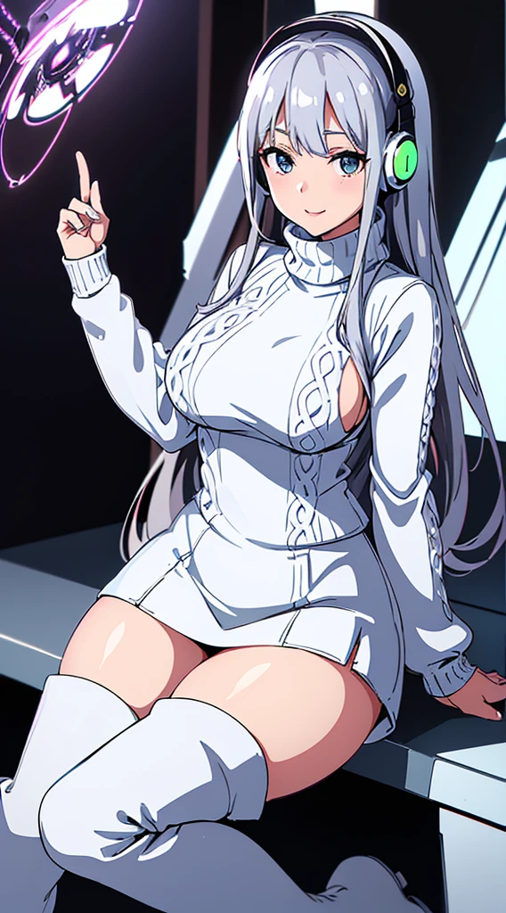 smile、((8K)), ((32k)), ((Highest quality)), ((masterpiece)), ((超A high resolution)), ((Tmasterpiece)), ((Halation:1.4))、((White mechanical headgear:1.3))、((White mecha cyber headphones:1.3))、Fine skin, High quality fabric, ((Beautiful and dense face))、RAW Photos、Professional, Ultra-fine painting, ((alone)), Beautiful 、Highest quality, Very detailed, Very detailed詳細, Finer details, so beautiful, Full body description、on a futuristic street、White thigh-high boots、(Woman wearing a black leather :1.8)、(Wearing a white knitted turtleneck sweater:1.8)、 take a walk、Beautiful legs、(Machine Eyes:1.3)、drooping eyes: 1.3,, (In 8K) , masterpiece, (No retouching, Lip gloss, False eyelashes, Real Skin, Highest quality, 超A high resolution, Depth of written boundary, chromatic aberration, Caustics, Wide Lighting, Natural Shading))、Korean Idol、Asian woman smiling at camera,、Young and cute gravure idol, Young and skinny gravure idol, Realistic Young Gravure Idol, Young Gravure Idol, Japanese Model, Shot with Canon EOA 6D Mark II, Shot with Canon EOS 5D Mark IV, Young Gravure Idol、(White thigh-high boots:1.5)、(Long silver hair:1.1), cowboy_shot, Side Focus, Shiny、Concept Art, Anime fantasy artwork, (((Long silver hair))), 8K high quality, detailed art, In 8Kのキャラクターアートの3Dレンダリング, neat legs, Defined, Defined fingers,