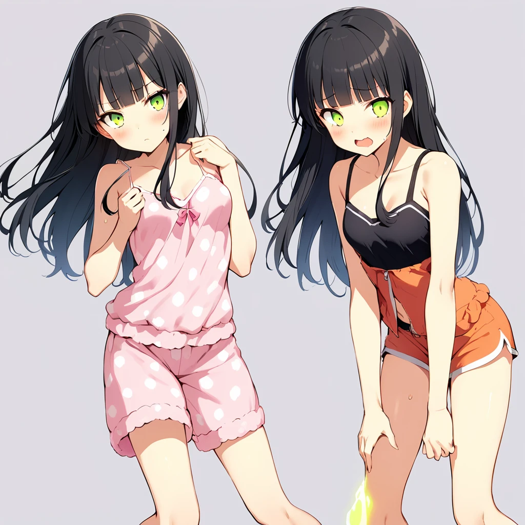 16k works,Highest quality,18-year-old,No background.White background only,whole body、Kneel,Dynamic and sexy pose, One person, Beautiful Face,, Symmetrical eyes, Perfect body, Good balance、 Perfect body、、Japanese,Black Hair,Long Hair,Blunt bangs,Embarrassed look,((Small head:1.4,skinny:1.3,Ideal body proportions:1.4,Medium chest,Glowing Skin:1.2)),(((Loungewear:1.5,Underbust:1.3,camisole、Shorts))),