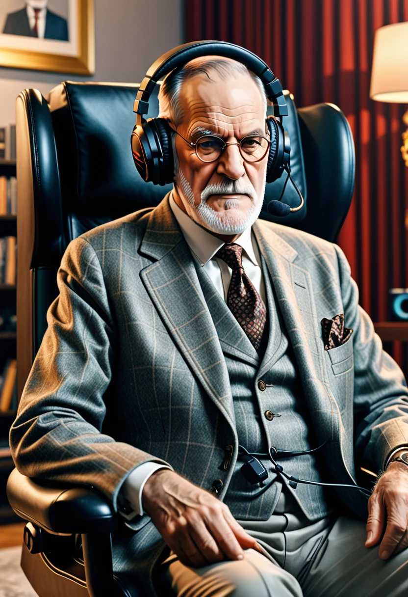 Masterpiece, hi res, absurdres Best Quality, 4K, 8K, detailed, sigmund Freud sitting in a gaming chair wearing gaming headphones, anime pósters on background 