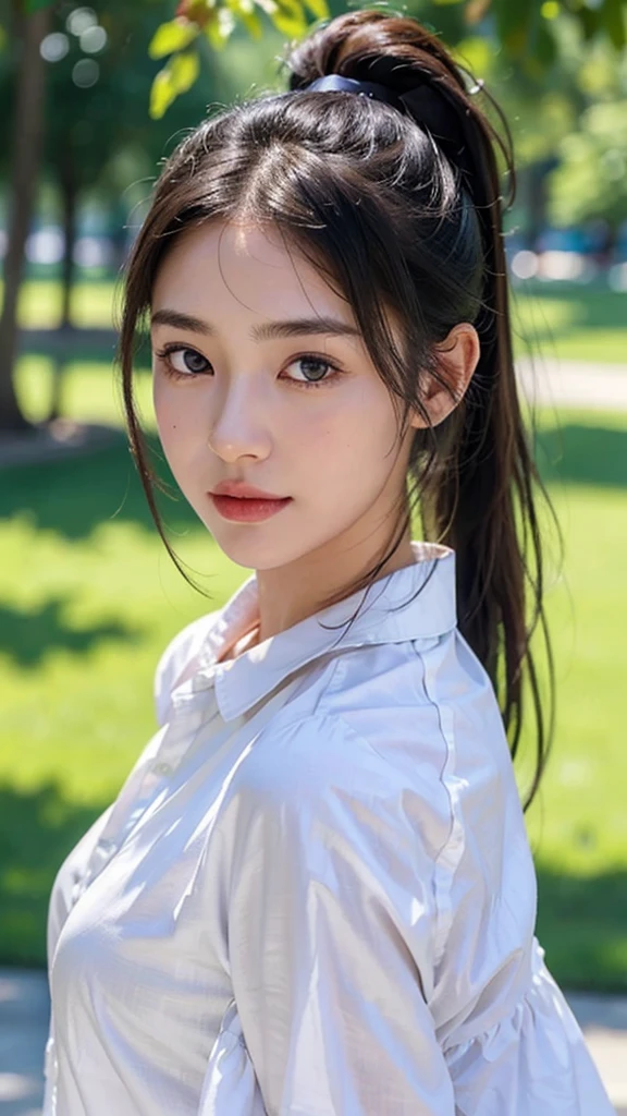 White collared shirt,jeans,outdoors,Urban Park,On the lawn,One woman,close up face,fully body photo,masutepiece, The highest image quality, High quality, the background is clear，Beautiful woman, Japanese, Detailed, Ultra-detailed, finely detail, hight resolution, 8K Wallpaper, Perfect dynamic composition, Beautiful detailed eyes ,Detailed eyes, Detailed skin, Beautiful skin, 超hight resolution, (reality: 1.4),Very beautiful woman, Slightly younger face, Beautiful skin, slender, (Ultra photo realsisim), (hight resolution), (8K), (Very detailed) (beautifully detailed eyes), (super detailed),   (Detailed face), view the viewer, Fine details, Detailed face, Staring straight ahead, Staring straight ahead, photos realistic, Bright lighting, Professional Lighting, Black hair,poneyTail,a baby face,sixteen years old,Hairstyle: ponytail,Long ponytail hairstyle,slight smile,
