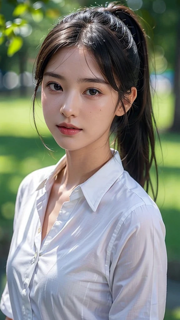 White collared shirt,jeans,outdoors,Urban Park,On the lawn,One woman,close up face,fully body photo,masutepiece, The highest image quality, High quality, the background is clear,Beautiful woman, Japanese, Detailed, Ultra-detailed, finely detail, hight resolution, 8K Wallpaper, Perfect dynamic composition, Beautiful detailed eyes ,Detailed eyes, Detailed skin, Beautiful skin, 超hight resolution, (reality: 1.4),Very beautiful woman, Slightly younger face, Beautiful skin, slender, (Ultra photo realsisim), (hight resolution), (8K), (Very detailed) (beautifully detailed eyes), (super detailed), (Detailed face), view the viewer, Fine details, Detailed face, Staring straight ahead, Staring straight ahead, photos realistic, Bright lighting, Professional Lighting, Black hair,poneyTail,a baby face,sixteen years old,Hairstyle: ponytail,Long ponytail hairstyle,slight smile,