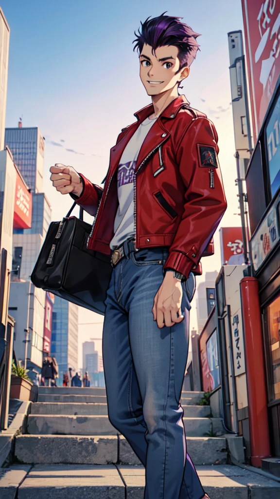 Bad boy, low angle, purple pompadour, red jacket and jeans, looking at camera, smiling, Tokyo city