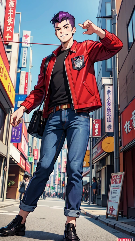 Bad boy, low angle, purple pompadour, red jacket and jeans, looking at camera, smiling, Tokyo city