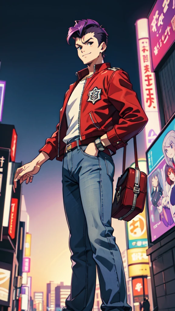 Bad boy, low angle, purple pompadour, red jacket and jeans, looking at camera, smiling, Tokyo city