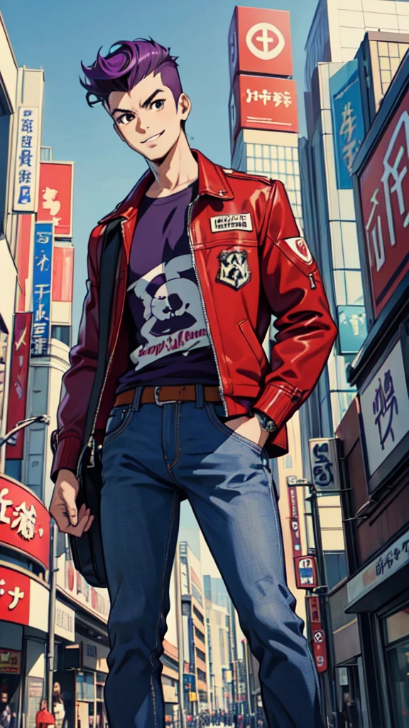 Bad boy, low angle, purple pompadour, red jacket and jeans, looking at camera, smiling, Tokyo city