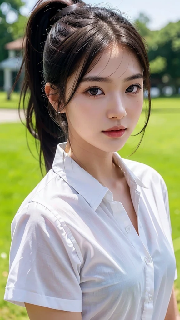 White collared shirt,jeans,outdoors,Urban Park,On the lawn,One woman,close up face,fully body photo,masutepiece, The highest image quality, High quality, the background is clear，Beautiful woman, Japanese, Detailed, Ultra-detailed, finely detail, hight resolution, 8K Wallpaper, Perfect dynamic composition, Beautiful detailed eyes ,Detailed eyes, Detailed skin, Beautiful skin, 超hight resolution, (reality: 1.4),Very beautiful woman, Slightly younger face, Beautiful skin, slender, (Ultra photo realsisim), (hight resolution), (8K), (Very detailed) (beautifully detailed eyes), (super detailed),   (Detailed face), view the viewer, Fine details, Detailed face, Staring straight ahead, Staring straight ahead, photos realistic, Bright lighting, Professional Lighting, Black hair,poneyTail,a baby face,sixteen years old,Hairstyle: ponytail,Long ponytail hairstyle,slight smile,