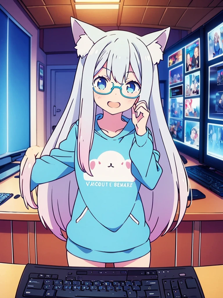 vtuber nekomimi beautiful blue sweatshirt blue shorts beautiful girl blue eyes long white hair with glasses perfect anatomy in room in front of pc gaming