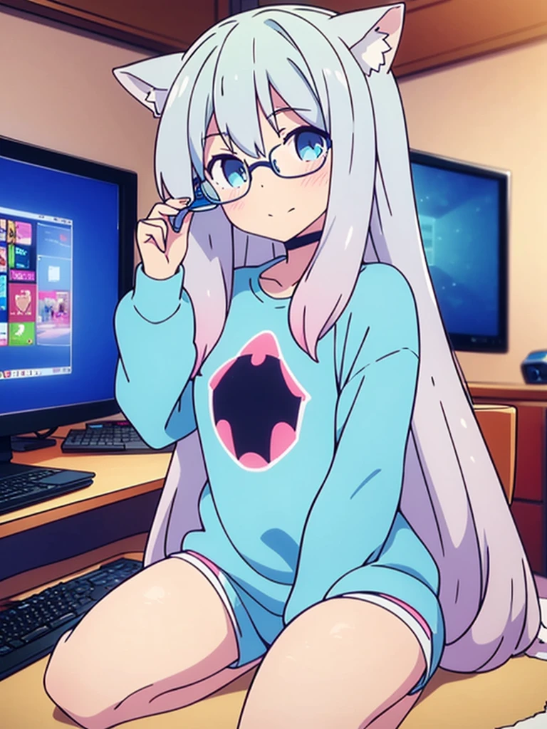 vtuber nekomimi  beautiful blue sweatshirt blue shorts beautiful girl blue eyes long white hair with glasses perfect   in room in front of pc gaming