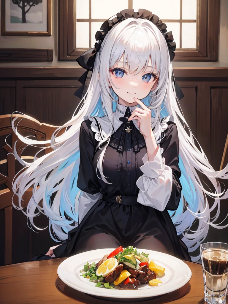 Alisa mikhailovna kujou, 1girl, Long silver hair, blue pupils, Wearing black and white casual clothes, Sitting in a chair, ((dining room)), smiling with his hands on his chin