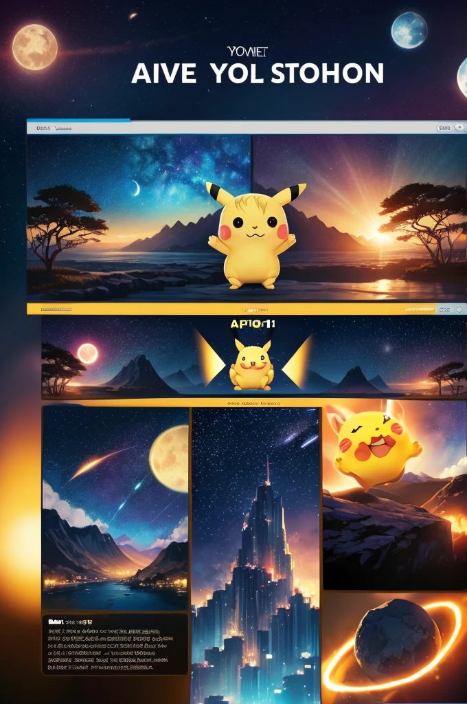 Comic book storyboard:1.8, Comic Strip, English text, Pikachu falls in love with a man in his 30s, anime emoji theme, Night Sky, beautiful fireflies, text dialog box, Draw the cover of this article, Africa America Anime Manga, Hyper HD, 24K Full HD, Anime Style.
