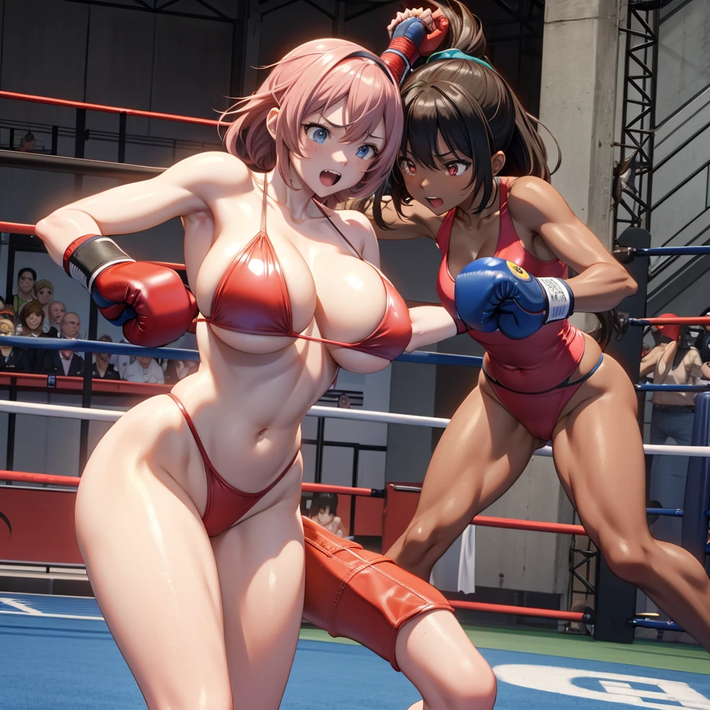 Hentai , kyoto animation ,Boxing fighting pose , Women boxing in monokini swimsuits, boxing rings, Hard fight , huge breasts.