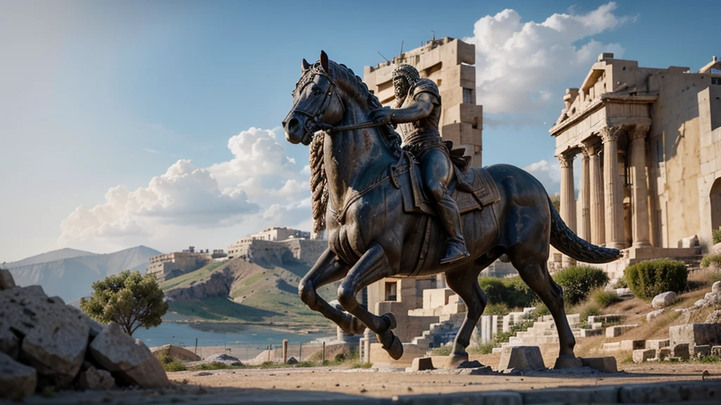 arafed image of a statue of a man running in front of a building, concept art inspired by Exekias, Artstation, neo-primitivism, greek myth digital painting, philosophical, environment, neo - primitivism, 2030, epic scene of zeus, portrait of rugged zeus, 2040, loadscreen, greek elements