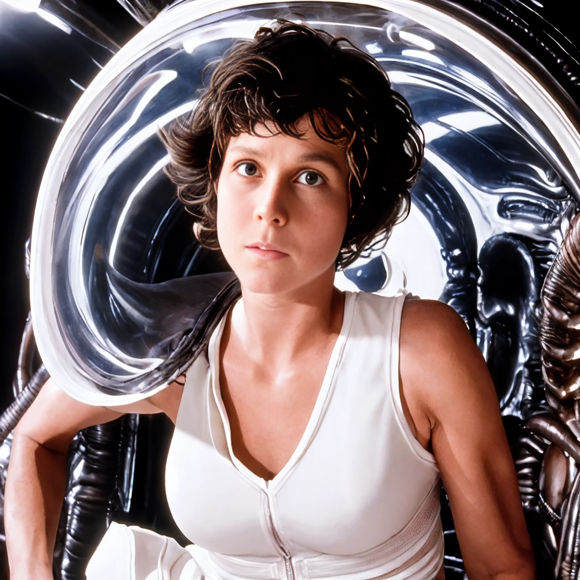 ((Xenomorph alien)) alien movie ((ellen ripley))  a woman 30 years hold wearing ((small white panties and white tight vest top)), brown wavy curly hair, hourglass body,  perfect hands perfect body perferct eyes, location in a futuristic space ship, big breast, cowboy shot position, mid distance shot, sensual look, extremely detailed, ultra-realistic,  cinematic lighting, realistic light