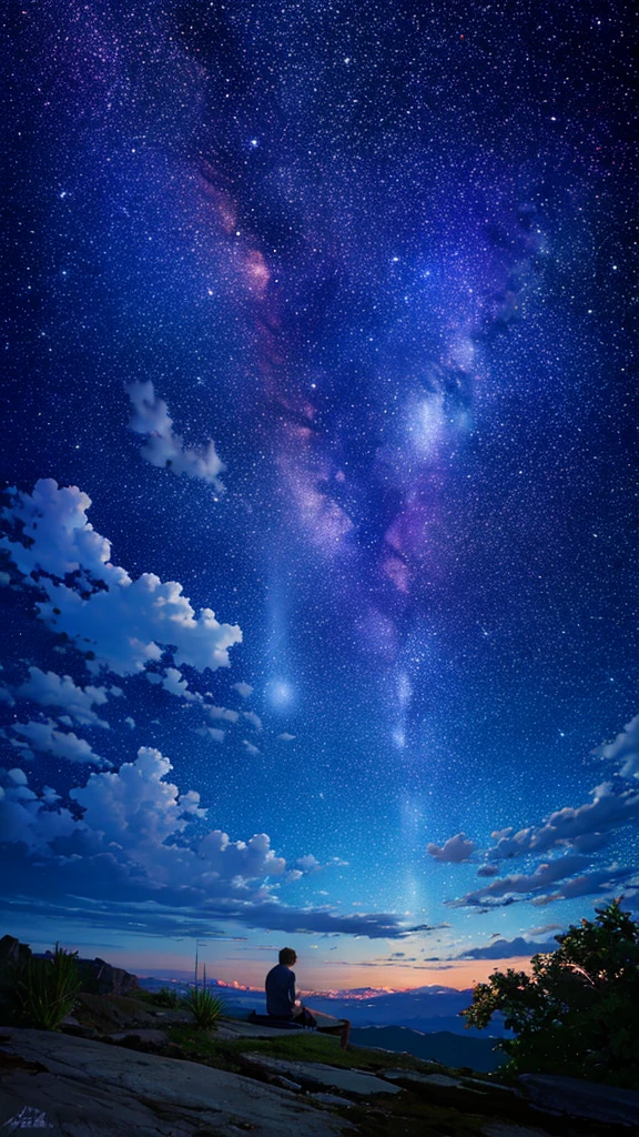 octans, sky, star (sky), scenery, starry sky, night, 1man, night sky, solo, outdoors, ancient ruins, cloud, milky way, sitting at rock, tree, black hair, ruins, silhouette, ruinscape
