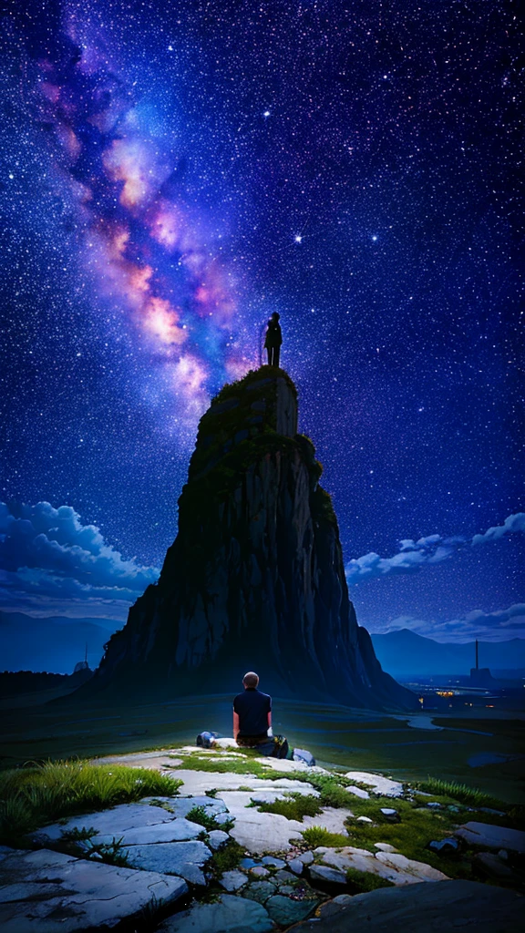 octans, sky, star (sky), scenery, starry sky, night, 1man, night sky, solo, outdoors, ancient ruins, cloud, milky way, sitting at rock, tree, black hair, ruins, silhouette, ruinscape