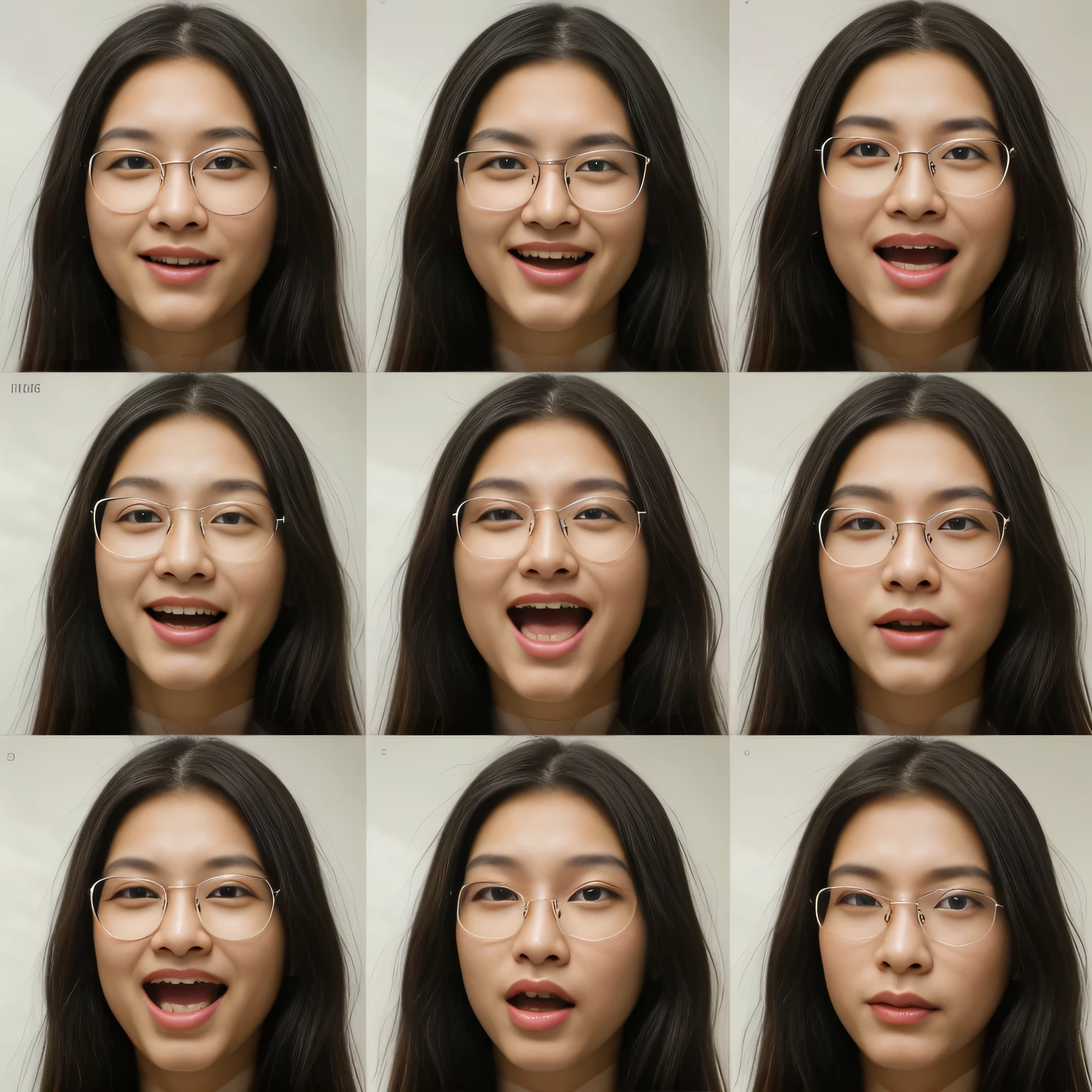 asian girl making a face with multiple pictures of his face, (long black hair), (Eyeglassses) corrected faces, detailed facial expressions, facial expressions, detailed facial expression, neutral expressions, full of expressions, micro expressions, facial expression, expressions, face variations, no distortion on subject faces, realistic facial expression, expressive facial features, accurate faces, face symmetrical, collage of styles,