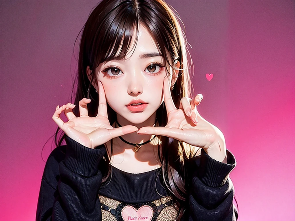 Korean hand heart, finger heart style, cute heart Korean, salanghaeyo, white background, one hend, pink heart, only hand and heart, a cute girl, dark gold pink background, cute beautiful love, one boy 