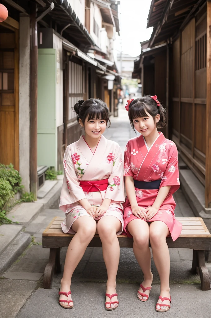 2 girls on wooden bench in old-Japanese street,floral pink yukata with red obi,18-year-old,bangs,a little smile,thighs,knees,short hair and low pigtails with red ribbon bow,from before,front light