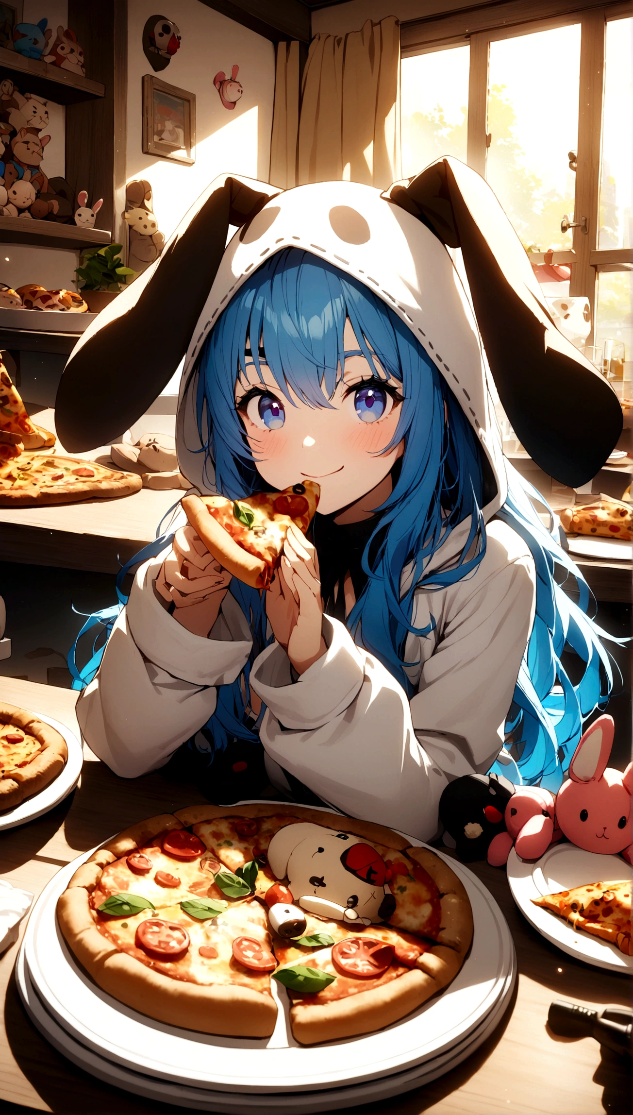 1girl, animal ears, animal hood, blue eyes, blue hair, eyepatch, food, hand on own face, hand puppet, hood, indoors, long hair, looking at viewer, pizza, plate, puppet, rabbit ears, rabbit hood, smile, solo, stuffed animal, stuffed toy, table