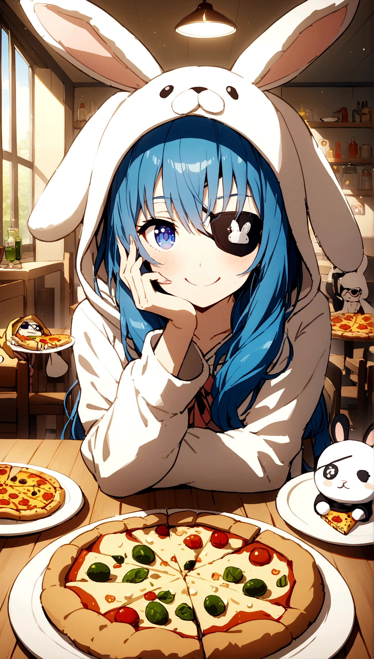 1girl, animal ears, animal hood, blue eyes, blue hair, eyepatch, food, hand on own face, hand puppet, hood, indoors, long hair, looking at viewer, pizza, plate, puppet, rabbit ears, rabbit hood, smile, solo, stuffed animal, stuffed toy, table