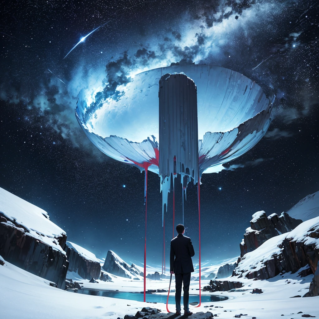 create a surreal image of a man standing over an abyss, staring at the stars and nebulae.. there is a wilderness at the bottom
