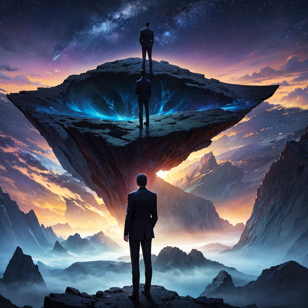 create a surreal image of a man standing over an abyss, staring at the stars and nebulae.. there is a wilderness at the bottom