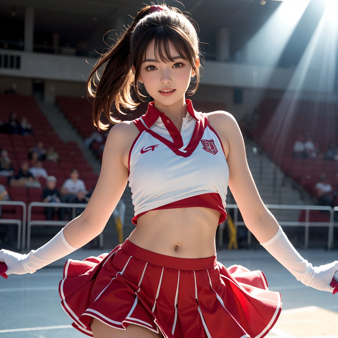 One girl, , Dancing, Small breasts, Thin legs, Cheerleader uniforms, skirt, White Cheer Gloves, stomach, Tilt your head, Arm open, from the front, ((masterpiece)), ((Highly detailed face)), Highest quality, Surreal, High resolution, Exquisite detail,(Beautiful and delicate eyes and lips), (The best shadows. Very delicate and beautiful.), Beautiful white skin, smile, Open your mouth, Ponytail Brown Hair, bangs, Floating Hair, Good ray, Cowboy Shot, court, Audience seats, Light of the sun 