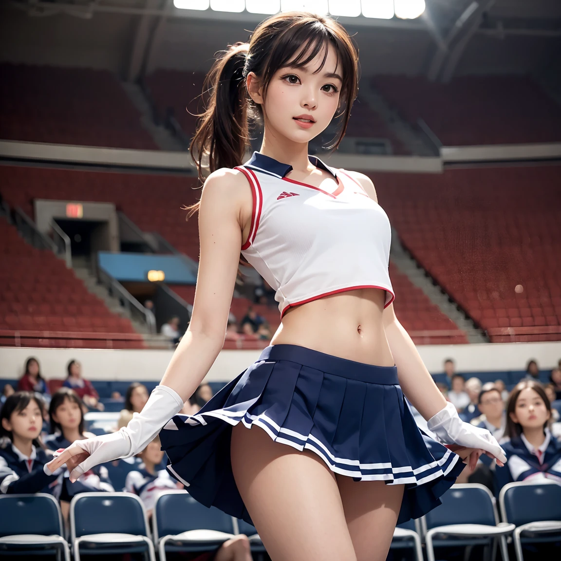 One girl, , Dancing, Small breasts, Thin legs, Cheerleader uniforms, skirt, White Cheer Gloves, stomach, Tilt your head, Arm open, from the front, ((masterpiece)), ((Highly detailed face)), Highest quality, Surreal, High resolution, Exquisite detail,(Beautiful and delicate eyes and lips), (The best shadows. Very delicate and beautiful.), Beautiful white skin, smile, Open your mouth, Ponytail Brown Hair, bangs, Floating Hair, Good ray, Cowboy Shot, court, Audience seats, Light of the sun