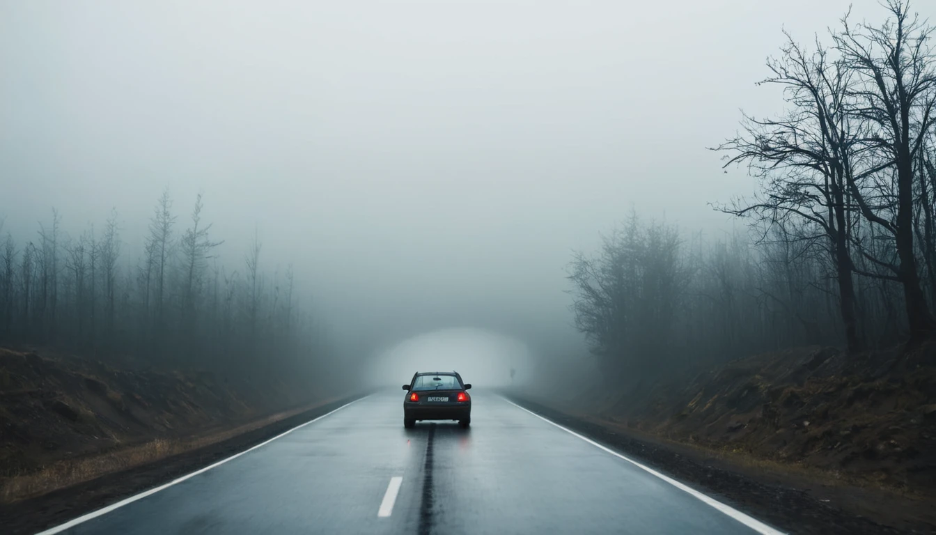lonely car driving on the road, seen from afar, eerie environment
