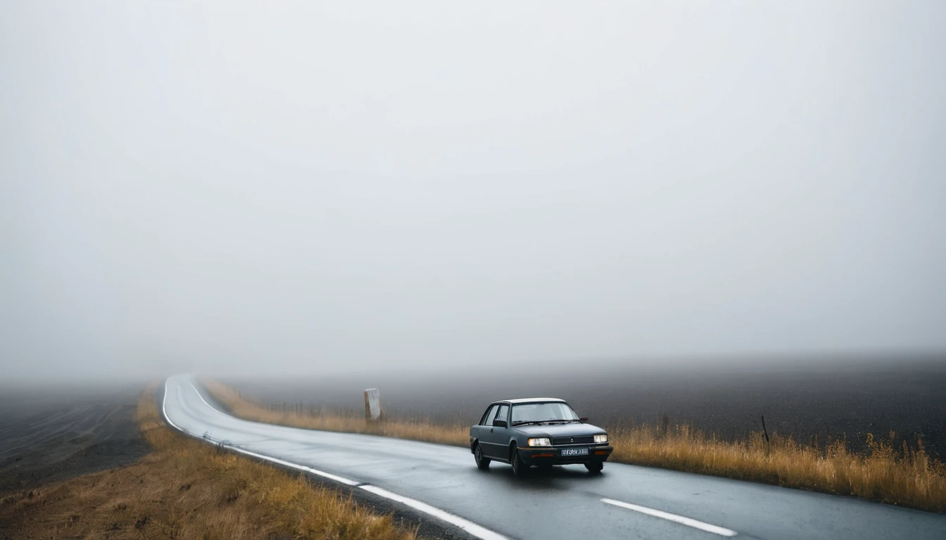 lonely car driving on the road, seen from afar, eerie environment