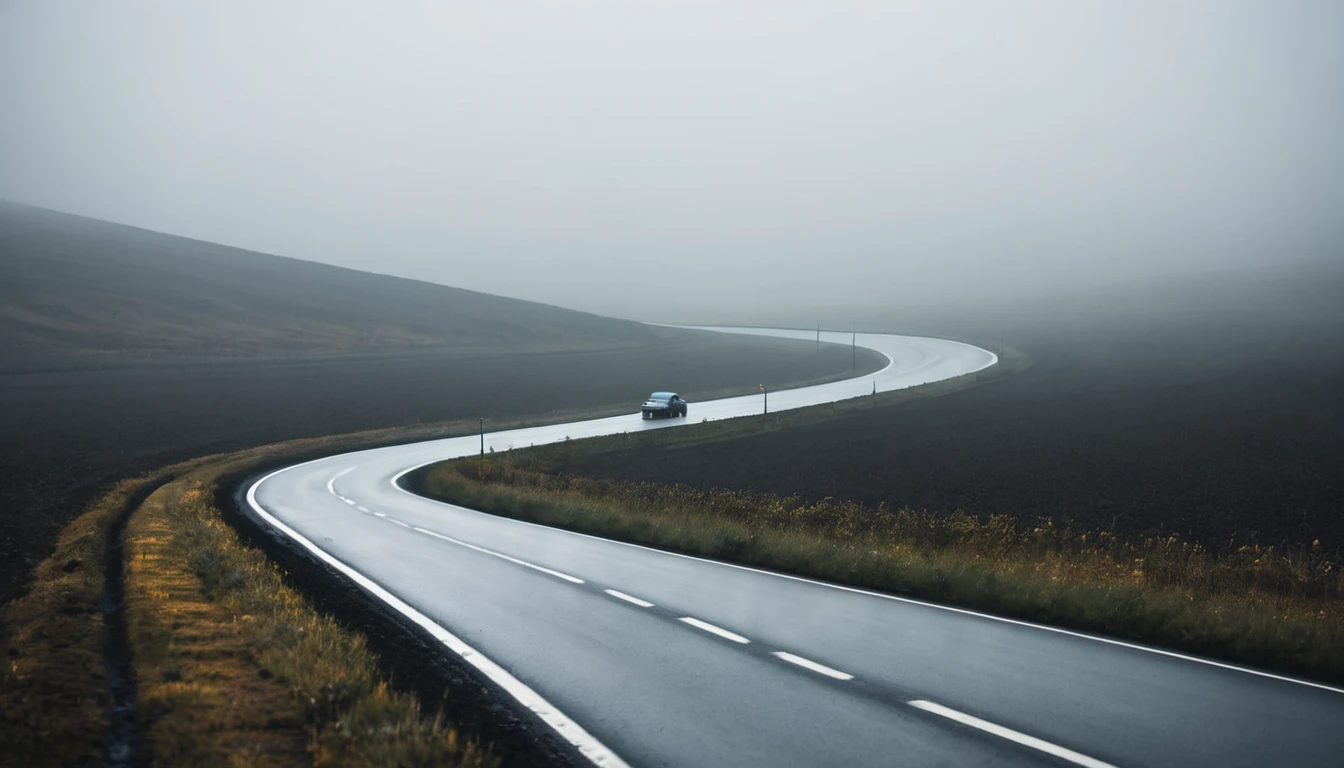 lonely car driving on the road, seen from afar, eerie environment
