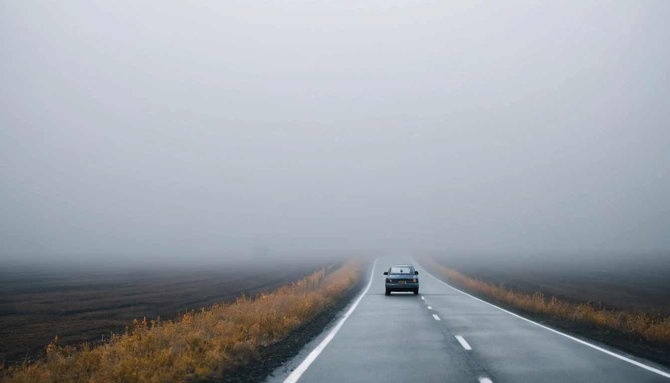 lonely car driving on the road, seen from afar, eerie environment