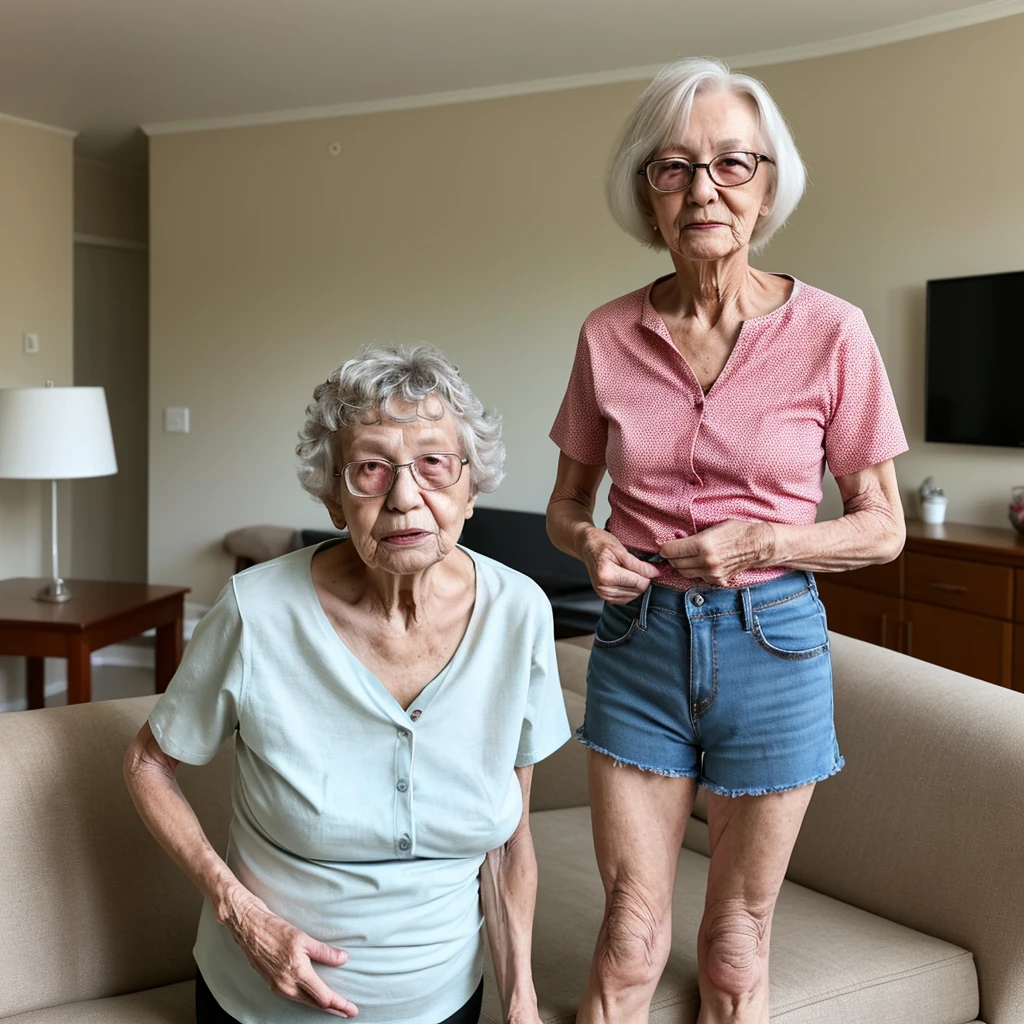 a grandma with new breast-implants, in living room living her shirt up to show new tits